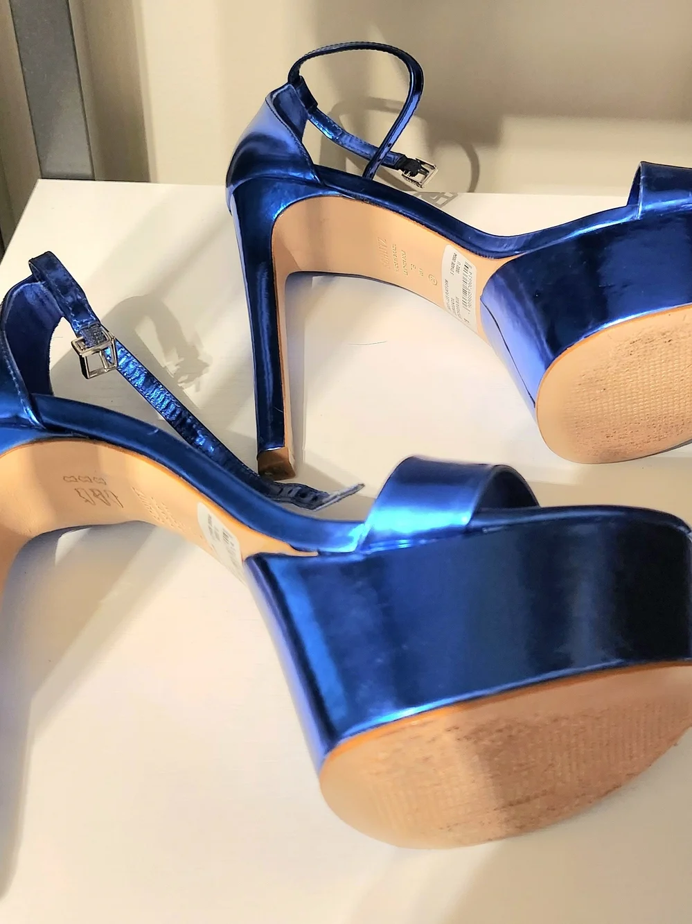 SCHUTZ Metallic Cobalt Blue Platform Stiletto Sandals
